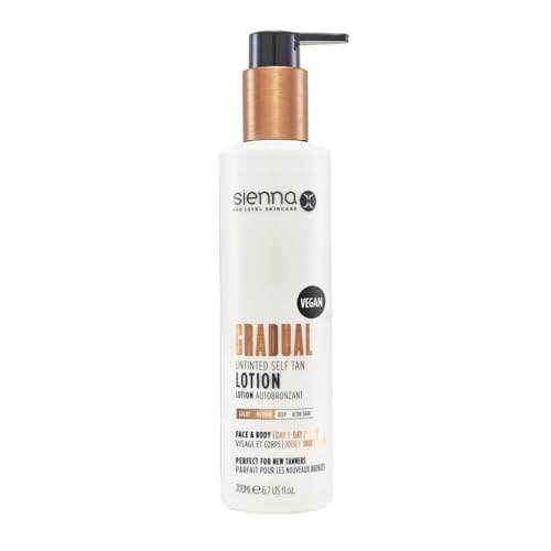 Sienna X Untinted Gradual Self Tan Lotion 200ml. For A Natural, Glowing, Streak Free. Vegan Moisturiser With Anti-Cellulite Formula. Quick Drying And Non Sticky Tan with Coconut Scent.