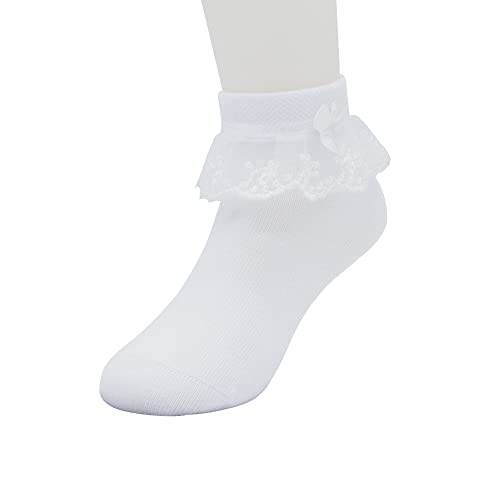 Girls Ruffle School Socks Kids Ankle Socks White Frilly Lace Trim Cotton Socks with Bows 3-16 Years4