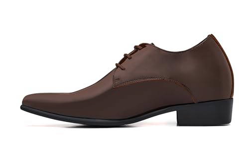Image of CALTO Men's Invisible Height Increasing Elevator Shoes - Chocolate Brown Patent Leather Lace-up Formal Dress Oxfords - 2.8 Inches Taller - K2727 - Size 8 D(M) US