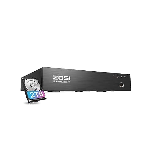 ZOSI 4K 8MP 8CH H.265+ Grabador NVR, Alarma de Movimiento, Acceso Remoto, 2TB Disco Duro para Grabación 24/7