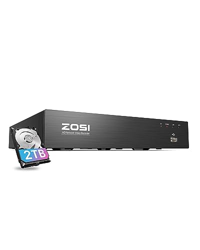 ZOSI 8CH 4K PoE NVR mit 2TB Festplatte, 8MP Videoüberwachung Recorder für 24/7 Aufnahme, Funktioniert nur mit ZOSI 4K/5MP/3MP/2MP HD PoE Kameras