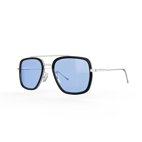 Image of Polarized Sunglasses for Men Women Vintage UV400 Classic Iron-Inspired Hero Style Pilot Sunglasses Fashion Square Metal Frame (Silver Frame /Blue Lens)
