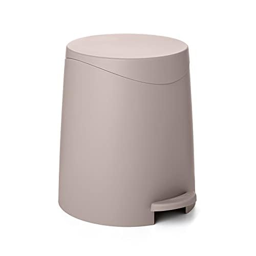 Image of Superio Mini Bathroom Trash Can with Lid 3 Liter, Plastic Waste Bin 0.75 Gallon, Modern Flat Lid Step On Trash Can with Foot Pedal, for Bathroom, Bedroom, Office, Under Desk, Soft Close (Taupe)