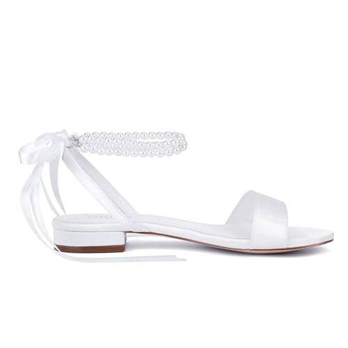 Image of Satin Wedding Flats for Bride Pearl Sandals Open Toe Bridal Shoes Flat Wedding Shoes for Bride