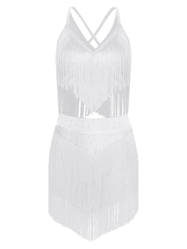 Yruioon Damen Latein Tanzkleid Glitzer Ballettkleid Quasten Fransenkleid Vintage Flapper Kleid Ballsaal Jazz Chacha Salsa Tanzkleidung Weiß M