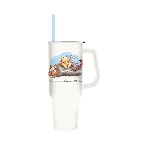 Image of Silver Buffalo Winnie the Pooh Double-Walled Stainless Steel Tumbler, 40oz | Favorite Day, Disney, 1.2 Liters, Handle, Straw Included, Yellow