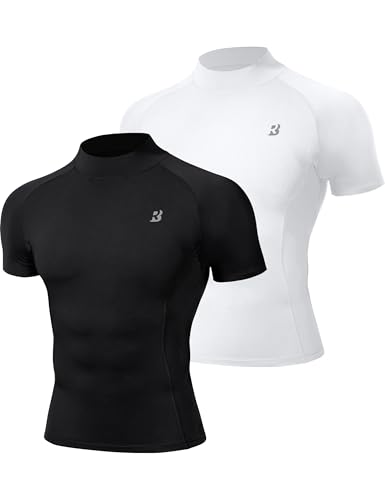 Roadbox 2 Pack Mens Compression Shirt Short Sleeve Mock Turtleneck Athletic Undershirt Cool Dry Base Layer Top for Workout