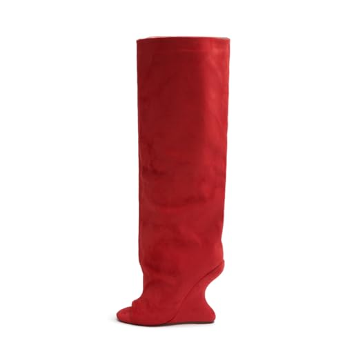 Atuelang Women's Slouchy Suede Knee High Boots Open Toe Pull On Tall Inverted Wedge Heel Boots