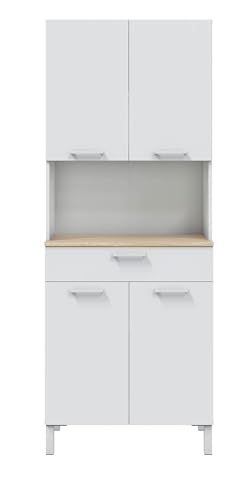 PEGANE Buffet Meuble Cuisine 4 Portes + tiroir Coloris Blanc Artic/chêne Canadien - Hauteur 186 cm x Longueur 72 cm x Profondeur 40 cm