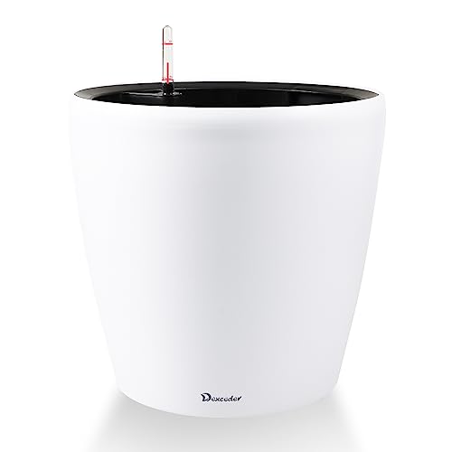 Dexceder 18x17 Self Watering Planter with Wheels Indoor Outdoor, Inner Pot Design, Thickened Large Floor Standing Flower Plant Pot with Water Level Indicator (White Matte)