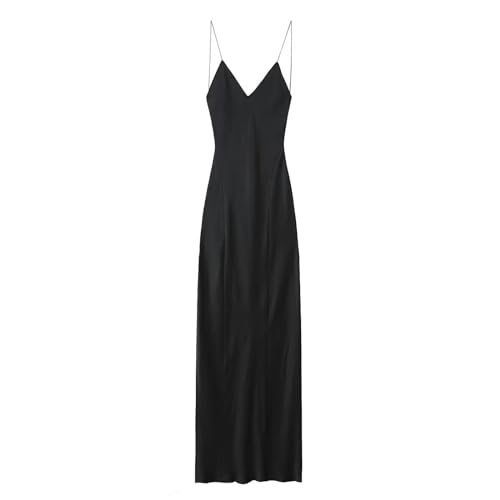 Vestido Lencero Europeo y Americano con Textura Satinada de Seda-Negro-XS