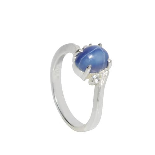 GEMHUB Oval Shape 3.2 Ct Triology Style Natural Blue Star Sapphire 925 Sterling Silver Engagement Ring for Valentines