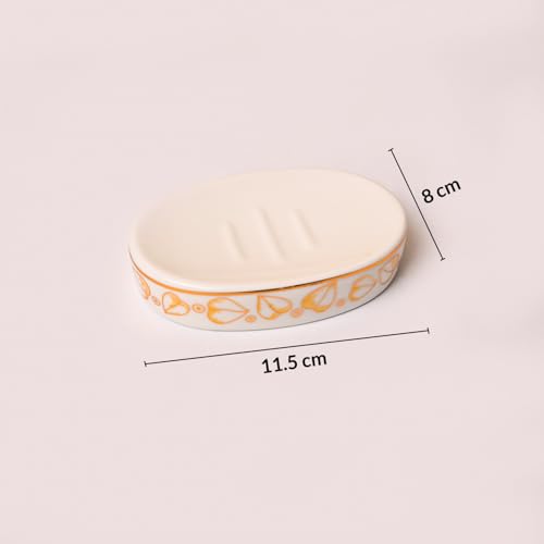 Image of Market99 Ceramic Bathroom Set Glossy White and Golden with Sophisticated Leaf Design, Includes Soap Dispenser, Tumbler, Toothbrush Holder, and Soap Dish for Coordinated Bathroom Style, 300ML Capacity
