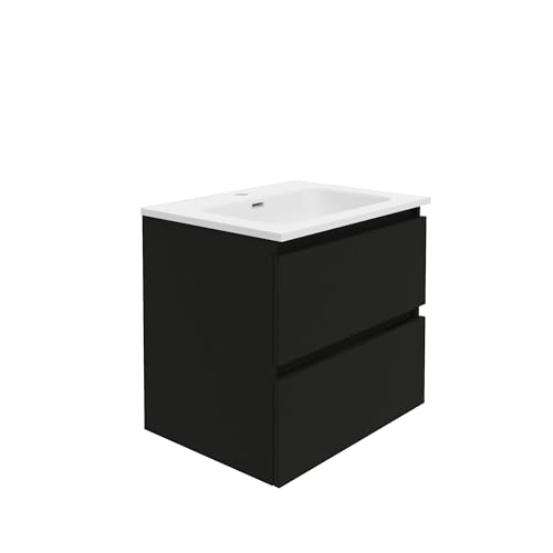 Baikal Mueble de Baño Rubi. Mueble MONTADO. 2 Cajones Suspendido con Lavabo. Armario de Baño. Lavabo Ceramico. Cierre Amortiguado. Altura 55cm. 60cm Negro.