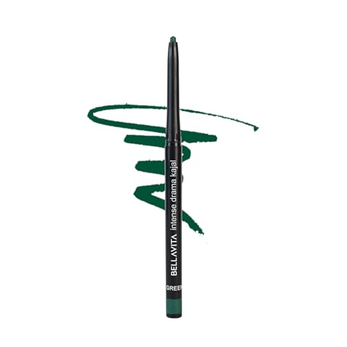 BELLAVITA Intense Drama Kajal Green Waterproof Smudge Proof | Long Lasting, Enriched with Vitamin E & Almond Oil | pencil Glossy | Kajal for women| 0.3 g