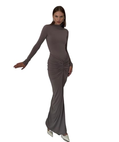 Image of Womens Sexy Maxi Dress Long Sleeve Ruched Bodycon Turtleneck Club Party Casual Wedding Dresses