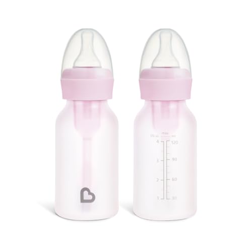 Image of Munchkin Bond Silicone Coated Glass Baby Bottles - Anti-Colic Feeding System with Natural Feel Nipples, 4 Ounce, Pink, 1 Count (Pack of 24)