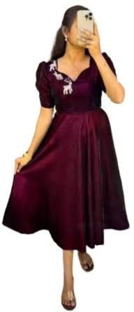Women's 9000 Velvet Half Sleeves & Neck Embroidery Work of Cotton Lining Calf Length with Adjustable Back Rope Gown/Dress/Frock-image-8