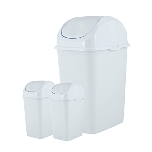 Image of Superio Swing Top Trash Can,Set of 3 Waste Bins for Home, Kitchen, Office, Bedroom, Bathroom, Ideal for Large or Small Spaces - White (White-18 qt+2 5 qt)