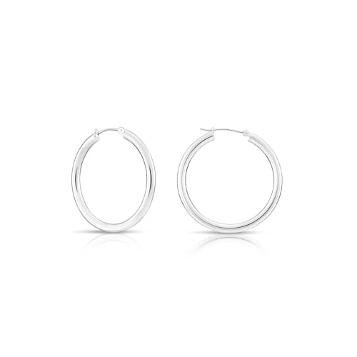 Image of 14K White Gold Classic Chunky Hoop Earrings, Solid White Gold Chunky and Lightweight Shiny Hoops, 3mm Tube Thickness