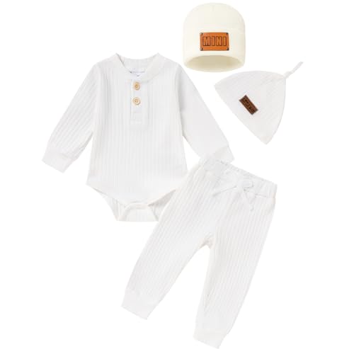 ZOELNIC Newborn Baby Boy Clothes Set Ribbed Outfits Solid Long Sleeve Sweatsuit Tops Pants Romper Winter Fall Infant 4pcs Clothes(White,3-6 Months)