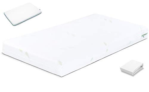 Kit matelas en mousse pour lit bébé 120 x 60, drap en coton jersey blanc 120 x 60 et oreiller en mousse à mémoire de forme 60 x 40 Cover