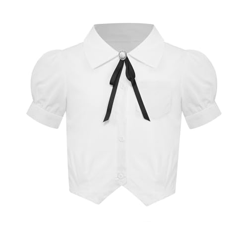 FEESHOW Girls Kids Short Sleeve Button Down Shirts Blouse with Bowknot School Uniform Tops