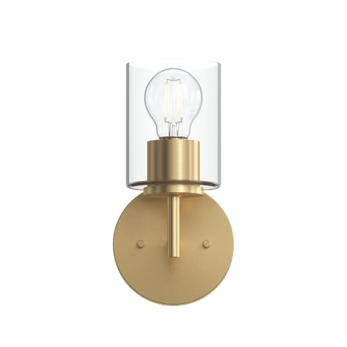 Image of Progress Lighting Replay 5.125 Inch 1-Light Vanity Light, Transitional, Brushed Gold with Clear Glass Shade, (9.75 inch H x 5.125 inch W x 5.875 inch D), P300581-191