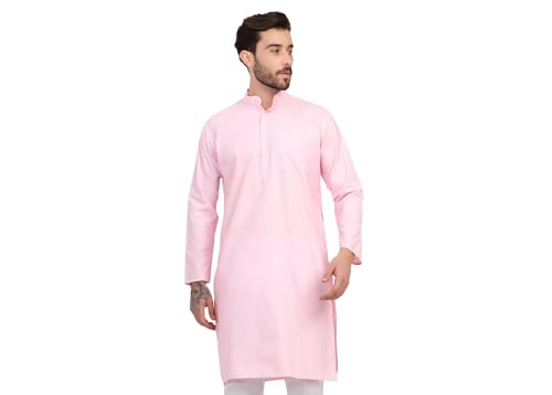 Image of Men's Cotton Blend Blend Knee Length Solid Color Style Stright Long Mandrin Collor Ethnic Casual Wear Kurta Only