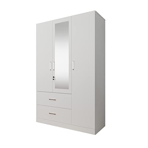Image of VIKI Wardrobe | Wooden Almirah for Clothes,Door for Bedroom, 3 Door Wardrobe with Drawer, Mirror & Hanging Space (Frosty White - 40D x 120W x 180H) | 1 Year Warranty | Free Assembly