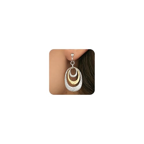 Awinesn Clip on Earrings for Women Two Tone Disc Earrings for Women Mix Color Statement Drop Dangle Earrings Jewelry Hypoallergenic Hammered 14K Gold Plated Earring Non Pierced Earring Jewelry Gifts Wedding Party (Ellipse) by Awinesn - Used condition - US$11.97