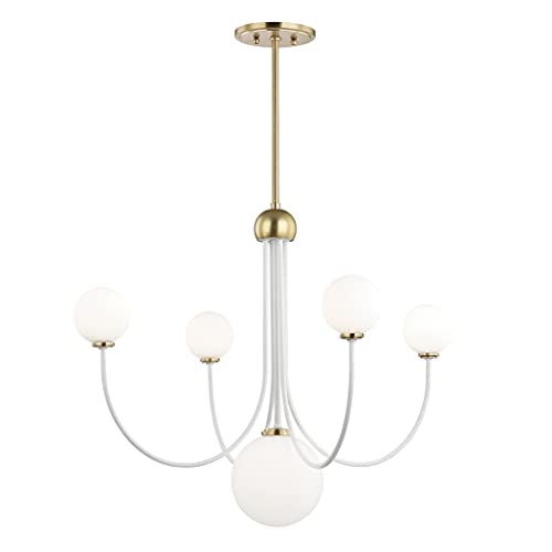 MITZI HUDSON VALLEY LIGHTING H234805-AGB/WH Coco Chandeliers, 5-light, 4W, Aged Brass/White Finish, Opal Shiny Glass (30''W x 27.5''H)