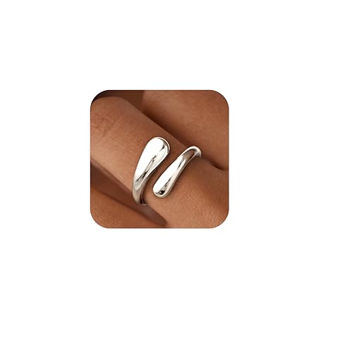 Poxtex Sterling Silver Rings for Women Non Tarnish, Stackable Chunky 925 Silver Stainless Steel Statement Rings, Adjustable Signet Wedding Band Jewelry Size 8