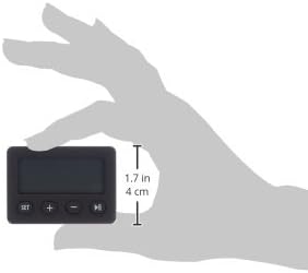 A hand holding the compact TFA Dostmann 60.2014.01 digital clock, illustrating its small size and portability, with dimensions 1.7 inches (4 cm) indicated.