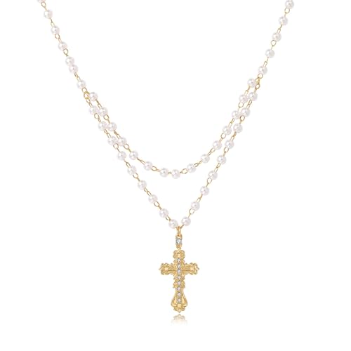 Pearl Necklaces for Women,Dainty Gold Cross Necklace Layered Pearls Choker Gothic Cross Necklace Beaded Pearl Chain Trendy Faith Pendant Jewelry Gift for Chrismas