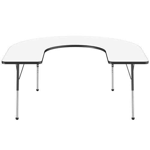 Image of FDP Dry-Erase Horseshoe Activity School and Office Table (60 x 66 inch), Standard Legs with Ball Glides for Collaborative Spaces, Adjustable Height 19-30 inches - Whiteboard Top and Black Edge