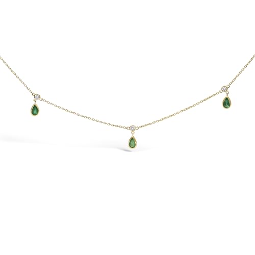 10K Yellow Gold Dangling 5x3 mm Green Emerald and Diamond Station Necklace - 18" Inches