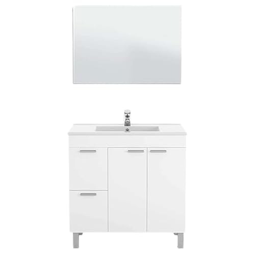 ONDÉE, Mobile da bagno con 2 porte, 2 cassetti e specchio, Modello Aktiva, Finitura bianco lucido, Misure: 80 cm (L) x 80 cm (H) x 45 cm (P)