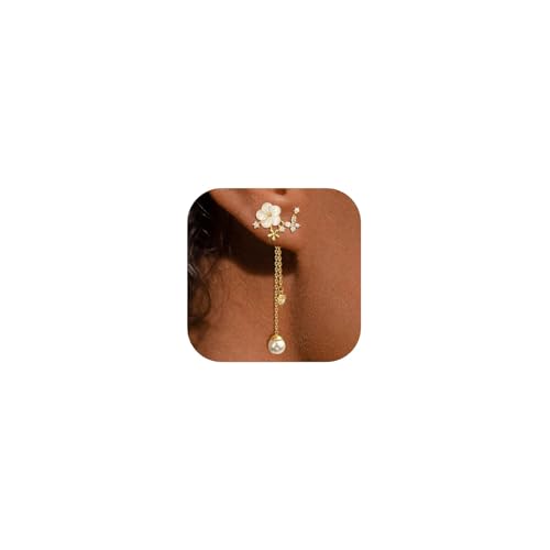 BelleVive Pendientes de perlas colgantes para mujeres 14 quilates oro, cadena larga moderna, pendientes delicados de flores para novias, CZ, encantadora joyería brillante