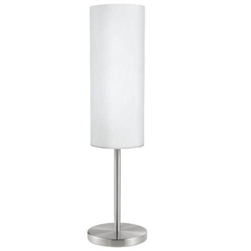 Britalia Satin Nickel & Matt White Frosted Cylinder Glass Vintage Retro Table Desk Lamp | 46cm Height | 1 x ES E27 Lamp Bulb Required | UK Approved | Inline Switch | Modern Influence