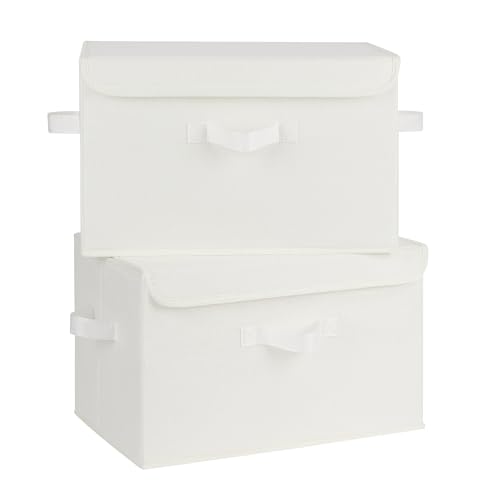 GRANNY SAYS Cajas Almacenaje con Tapa, Paquete de 2 Cajas Almacenaje Ropa para Estantes, Cajas de Tela Almacenaje Ropa Armario, Cajas Organizadoras con Tapa Decorativas, Blanco