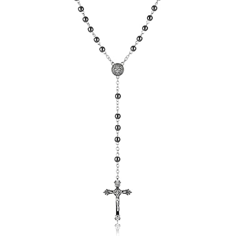 HEXALOVA Gothic Cross Necklace, Beaded Cross Necklace, Goth Cross Necklace, Silver Crucifix Pendant Necklace for Women, Rosary Beads Necklace, Gothic Jewelry (8) Cover