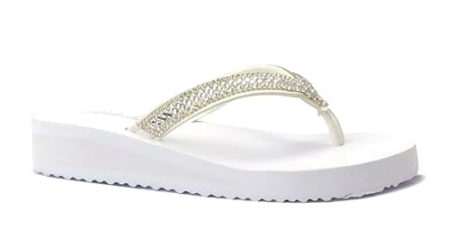 REDVOLUTION Girls' Rhinestone Sandals Platform T-Strap Jewel Sandals Beach Flip Flop (Gem-K white, 4)