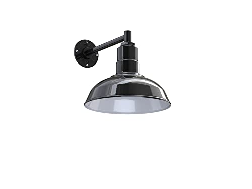 Steel Lighting Co. Westchester Barn Light | Outdoor Wall Mounted | 12 inch Dome | 11 inch Straight Arm| Warehouse Steel Light Made in America | Black Exterior/White Interior