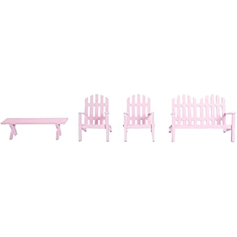 STOBOK Puppenhaus Gartenmöbel Set Holz Mini Gartentisch Gartenbank Gartenstühle 4 TLG Rosa Miniatur Möbel Modell Spielzeug 1: 12 Puppenhaus Garten Zubehör Mikrolandschaft Dekoration Cover