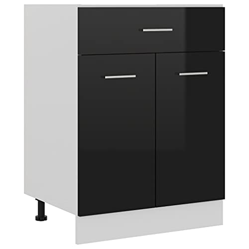 vidaXL Armoire de Plancher Placard Armoire de Rangement Meuble de Cuisine avec 1 Tiroir et 2 Etagères Intérieur Noir Brillant 60x46x81,5 cm Aggloméré