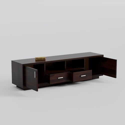 Image of Premium Solid Sheesham Wood TV Unit with 2 Drawers, 2 Shelves, and 2-Door Storage - Suitable for TVs up to 65 Inches - Elegant Living Room Furniture (Lynton, Walnut Finish)