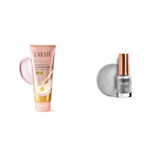 Image of Lakme Peach Milk Sunscreen Moisturiser SPF 50 PA with 2% Pro-Ceramides Peptides LAKME Ultimate Glam Chrome Nail Paint, Silver 6ml