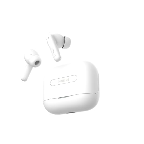 Philips TAT1050WT/94 Truly Wireless Earbuds with ANC, Quad Mic ENC, Up to 50 Hr Playtime, 13mm Neodymium Drivers, Multipoint, IPX5 Water Resistance, Fast Charging, Ultra Low Latency (Bright White)