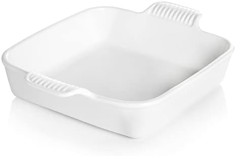Sweejar Ceramic Baking Dish, 9 x 9 Cake Baking Pan for Brownie, Porcelain Square Bakeware with Double Handle for Casserole, Lasagna, Family Dinner (White)